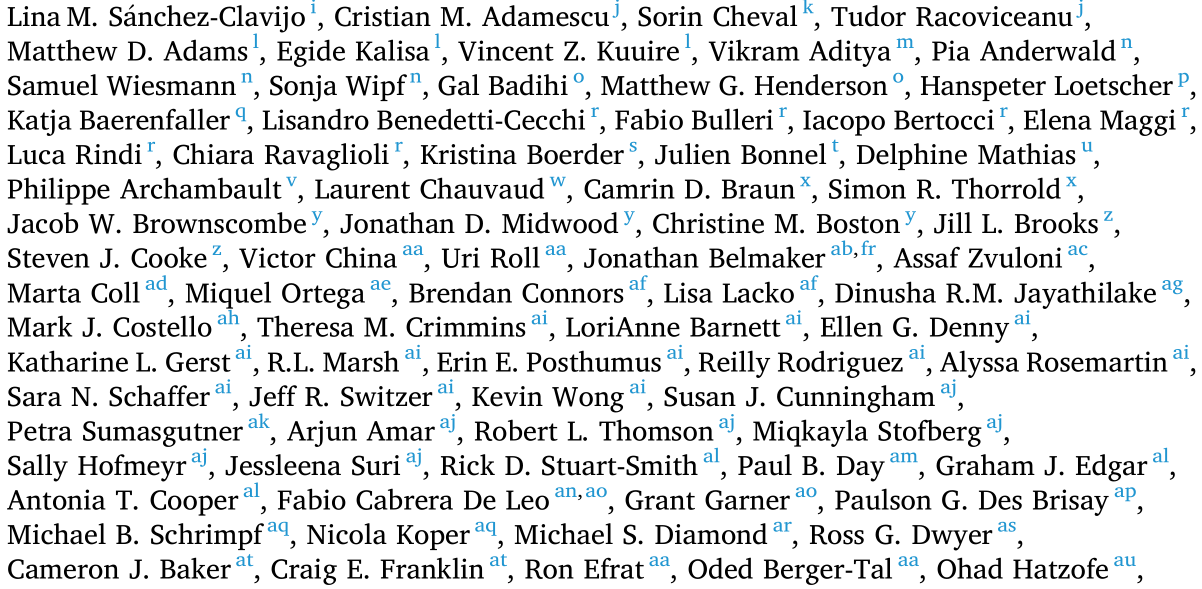 Screenshot of a portion of the over 350 authors listed on a publication in the journal Biological Conservation.