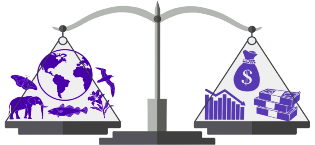 Image depicting a scale balancing the earth and its ecosystems on the left with important human priorities such as the economy on the right.