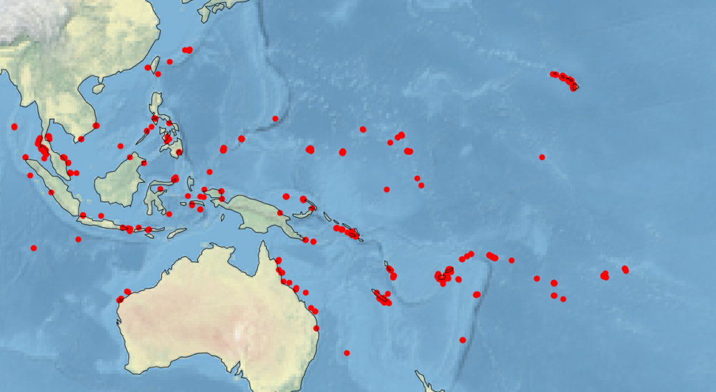 A map showing the study area, bounded by Malaysia to the west, French Polynesia to the east, the Philippines to the north, and the Great Barrier Reef of Australia and New Caledonia to the south.