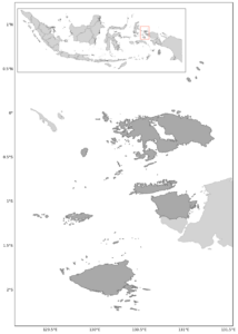 A map of Raja Ampat, Indonesia with an inset map of Indonesia.